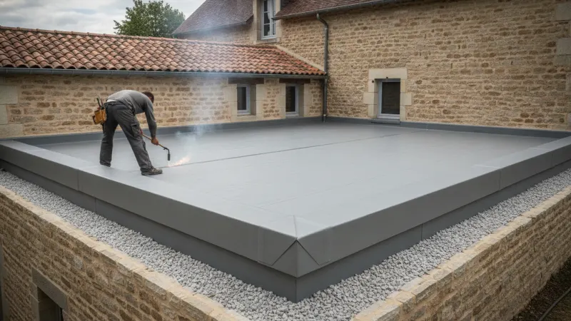 Pose d'une membrane d'étanchéité sur une toiture terrasse d'extension