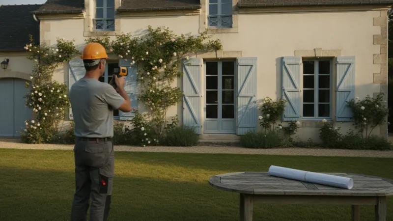 Thermicien réalisant une étude thermique sur la façade d'une maison