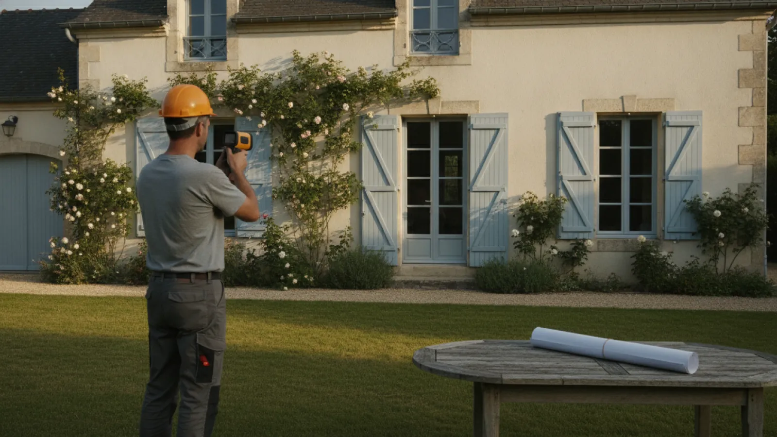 Thermicien réalisant une étude thermique sur la façade d'une maison