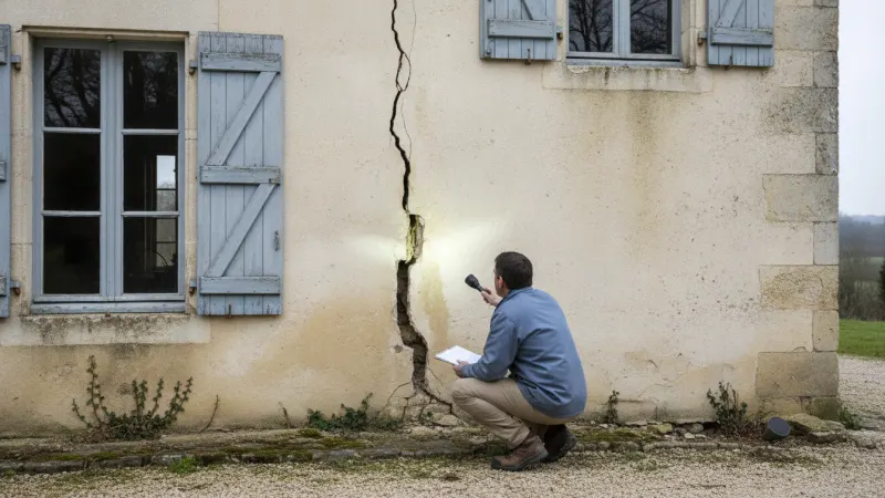 Expert en bâtiment examinant une fissure sur le mur d'une maison ancienne