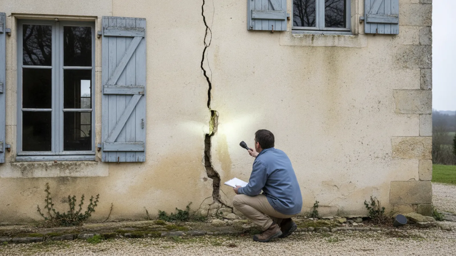 Expert en bâtiment examinant une fissure sur le mur d'une maison ancienne