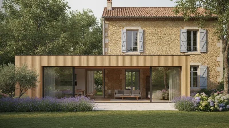 Extension maison en bois accolée à une maison en pierre