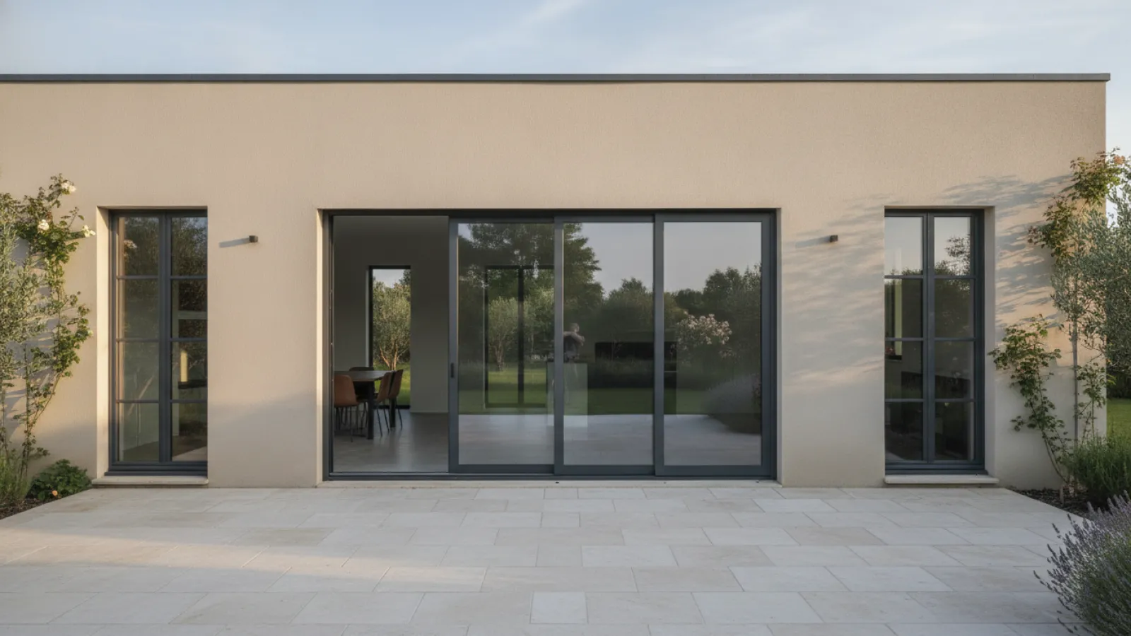 Baie coulissante et fenêtre aluminium anthracite sur une maison rénovée