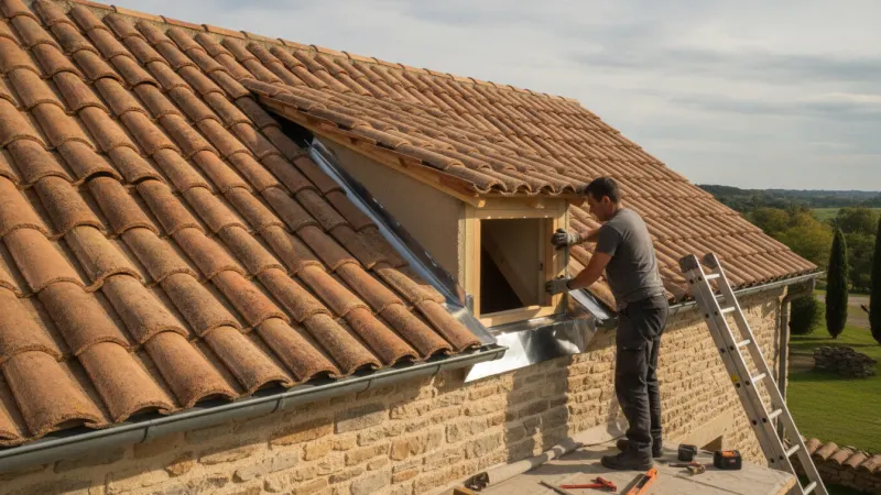 Fenêtre de toit posée dans une toiture en tuiles de maison ancienne