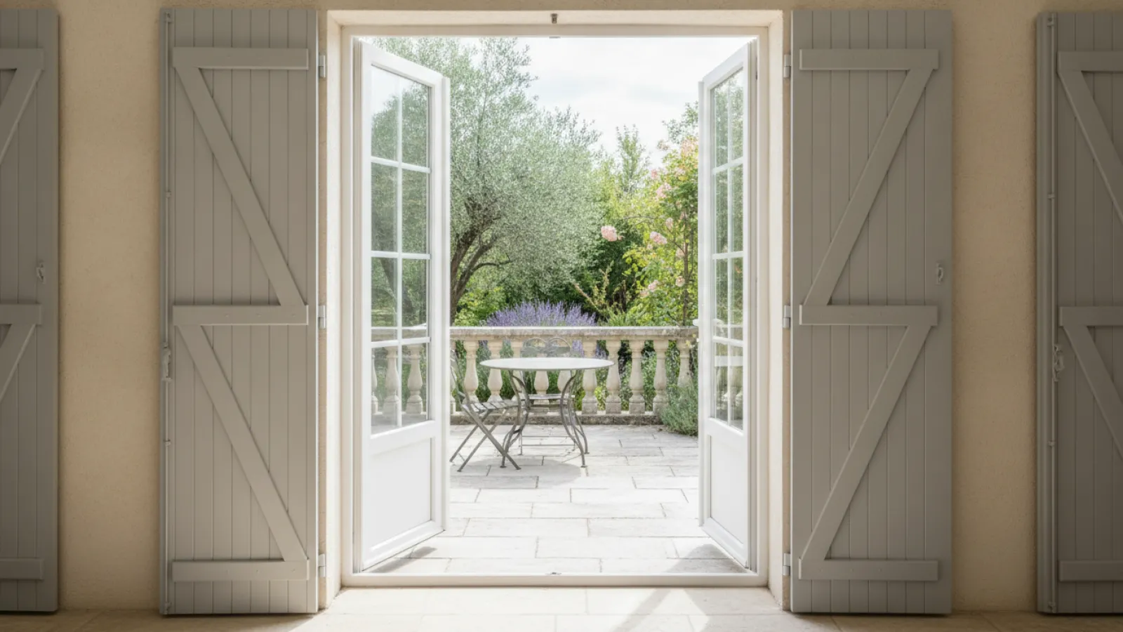 Porte-fenêtre et fenêtre PVC blanches posées sur une maison au crépi clair