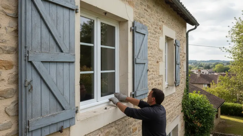 Pose d'une fenêtre double vitrage dans une maison en pierre avec volets