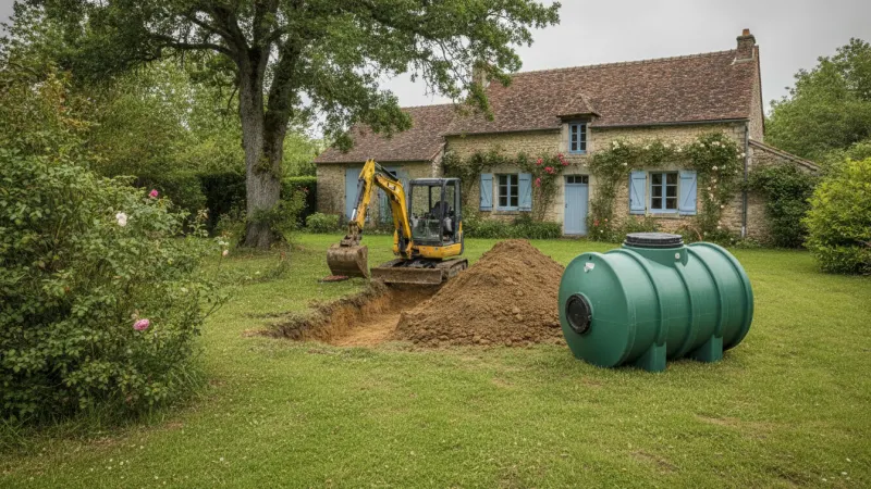 Installation d'une fosse septique toutes eaux dans le jardin d'une maison rurale