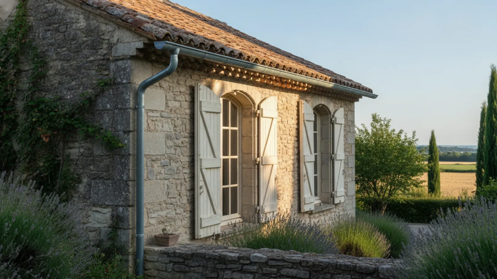 Gouttière en zinc neuve posée sous les tuiles d'une maison en pierre