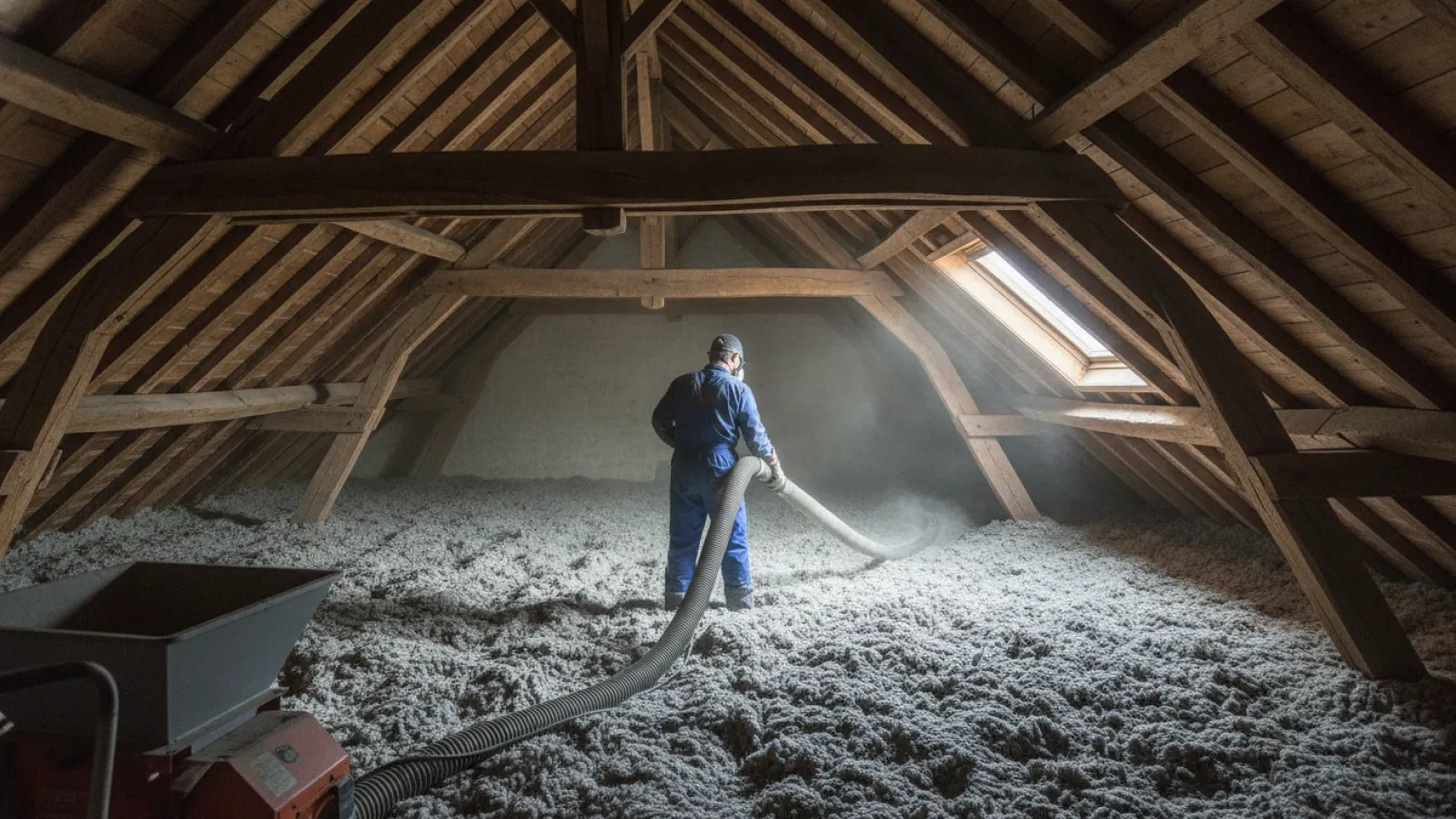 Isolation des combles perdus par soufflage d'isolant sous la charpente