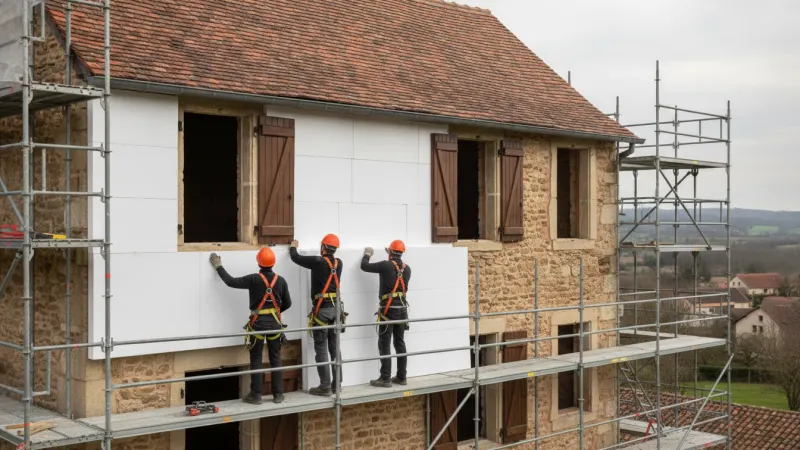 Pose de panneaux d'isolation extérieure sur la façade d'une maison