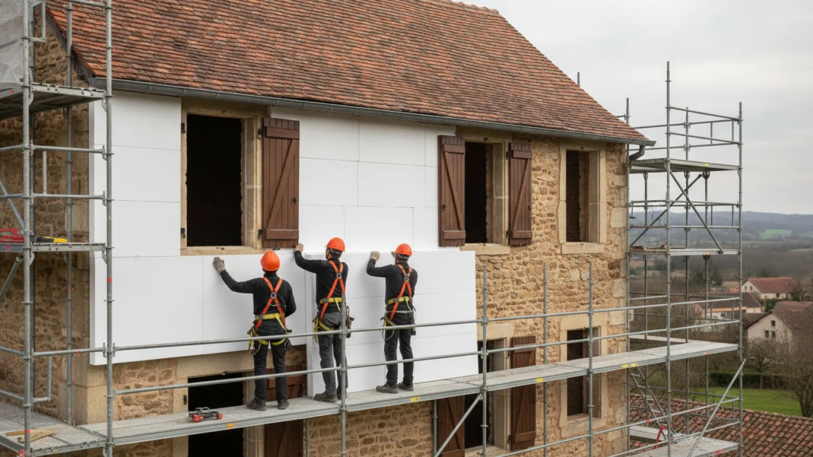 Pose de panneaux d'isolation extérieure sur la façade d'une maison
