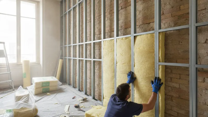 Travaux d'isolation phonique d'un mur mitoyen avec laine minérale