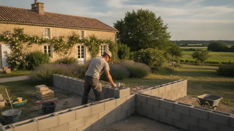 Maçon montant un mur en parpaing pour des travaux de maçonnerie