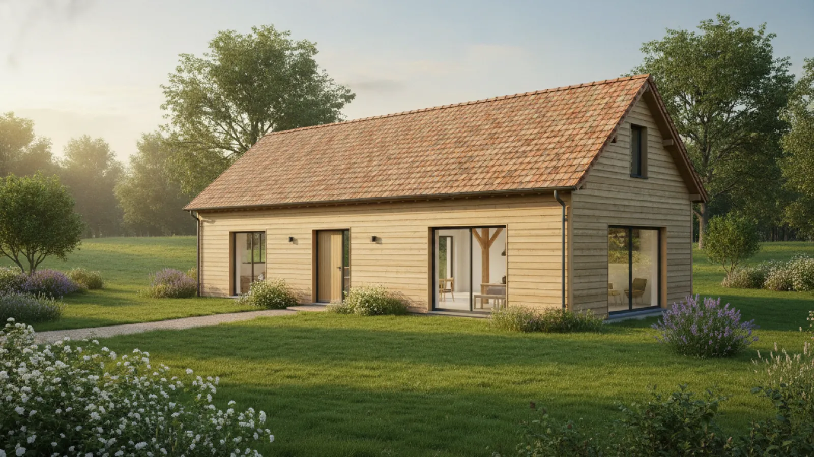Maison bois neuve à ossature avec bardage clair dans un jardin