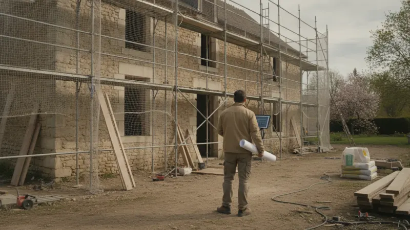 Maître d'œuvre consultant les plans sur un chantier de rénovation