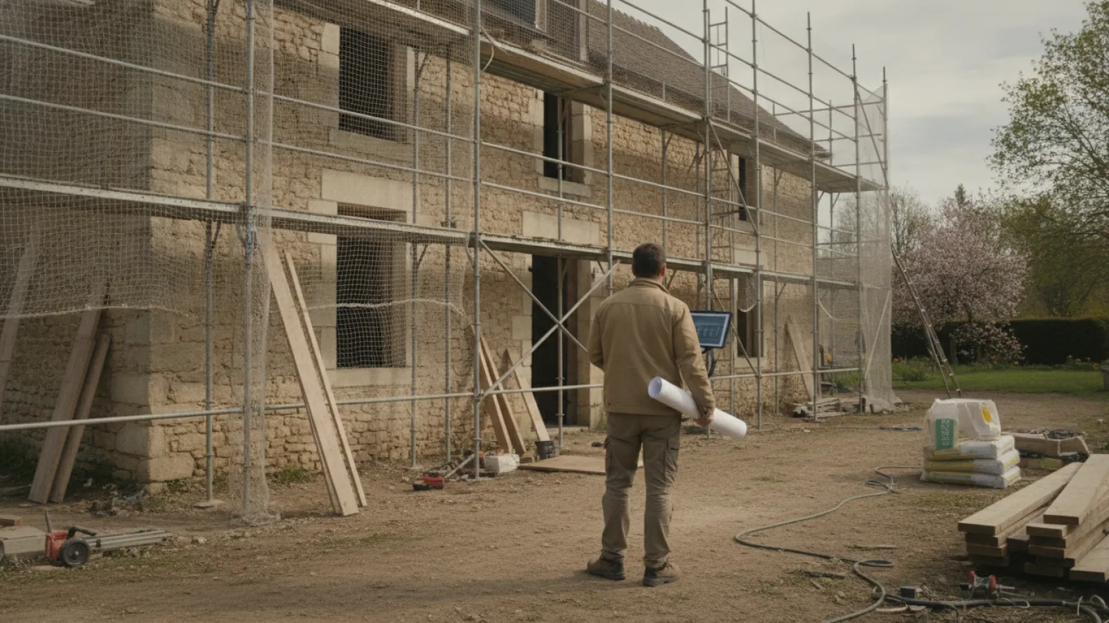 Maître d'œuvre consultant les plans sur un chantier de rénovation