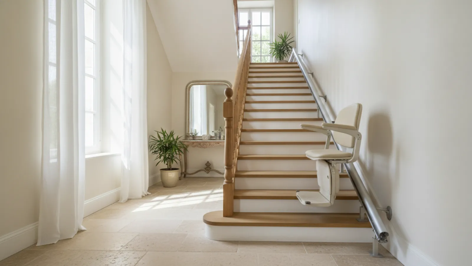 Monte-escalier installé sur un escalier droit en bois dans une maison