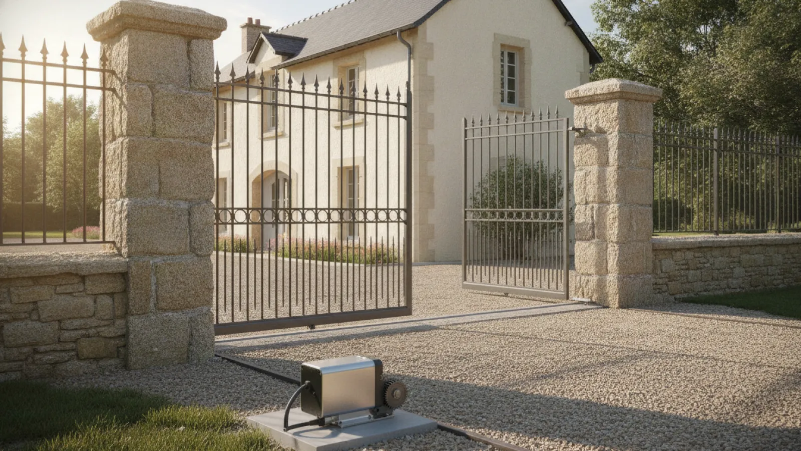 Motorisation portail coulissant installée devant une maison au crépi clair