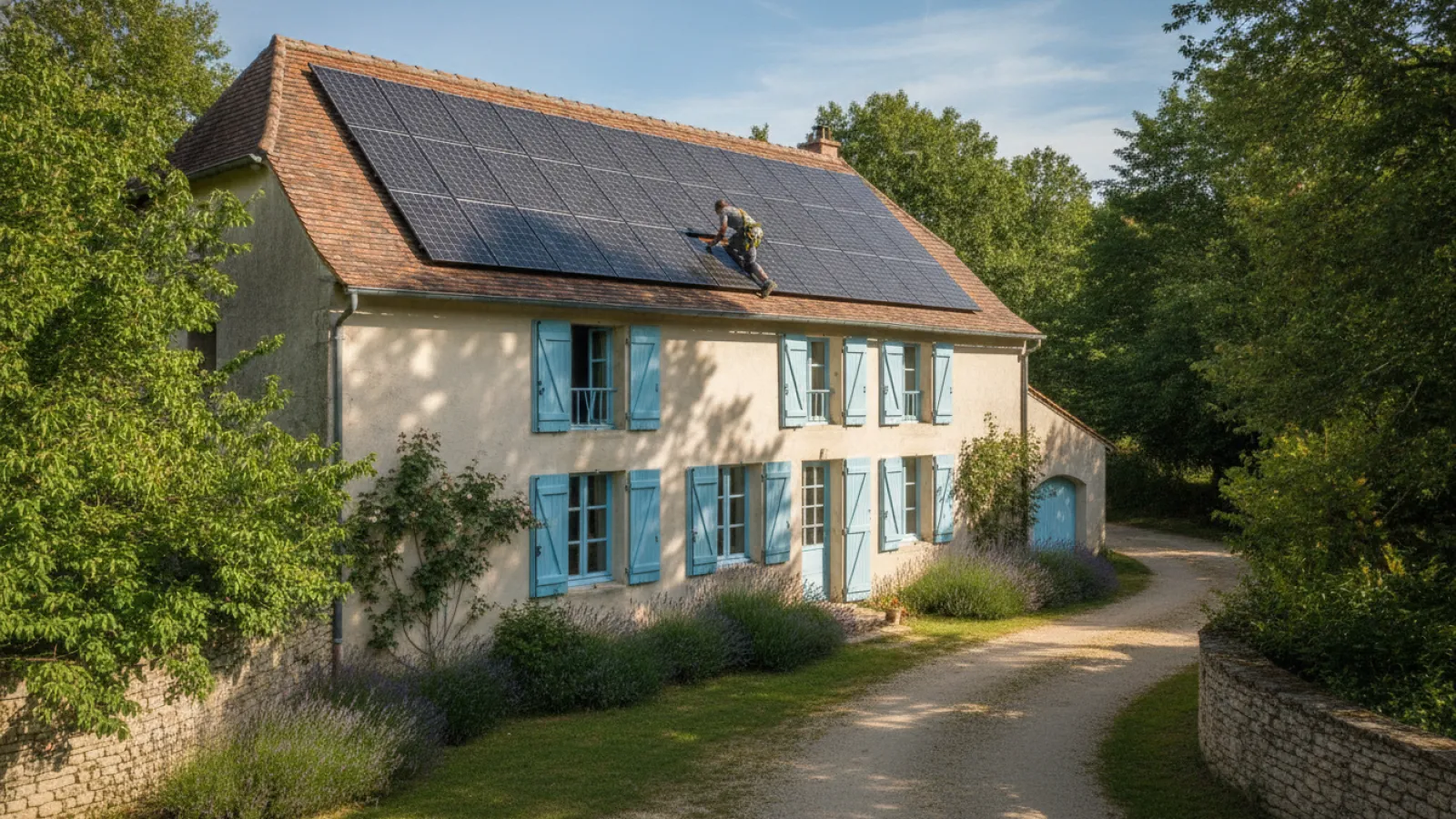 Panneaux solaires posés sur la toiture en tuiles d'une maison