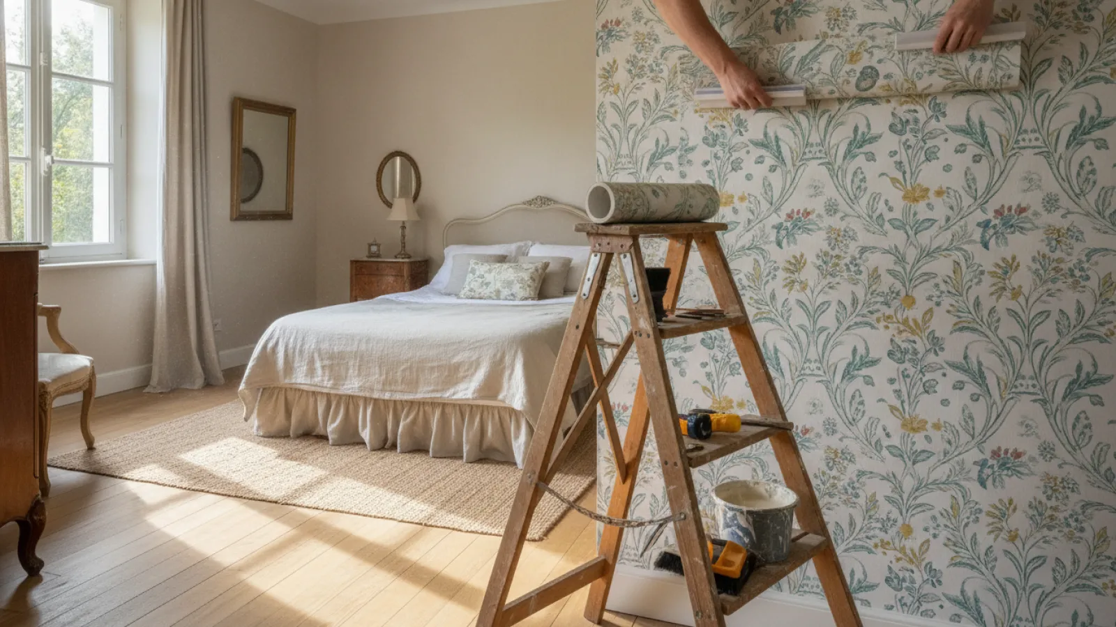 Pose de papier peint à motif végétal dans une chambre