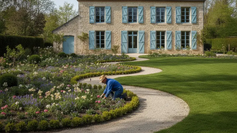 Jardin aménagé par un paysagiste avec allée, massifs et pelouse neuve