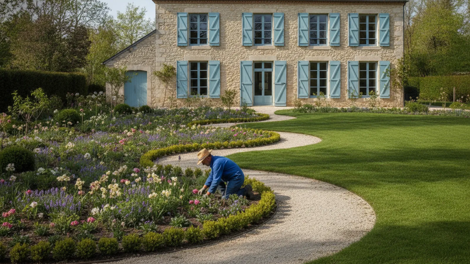 Jardin aménagé par un paysagiste avec allée, massifs et pelouse neuve
