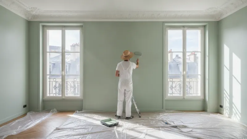 Artisan appliquant une peinture verte au rouleau sur un mur