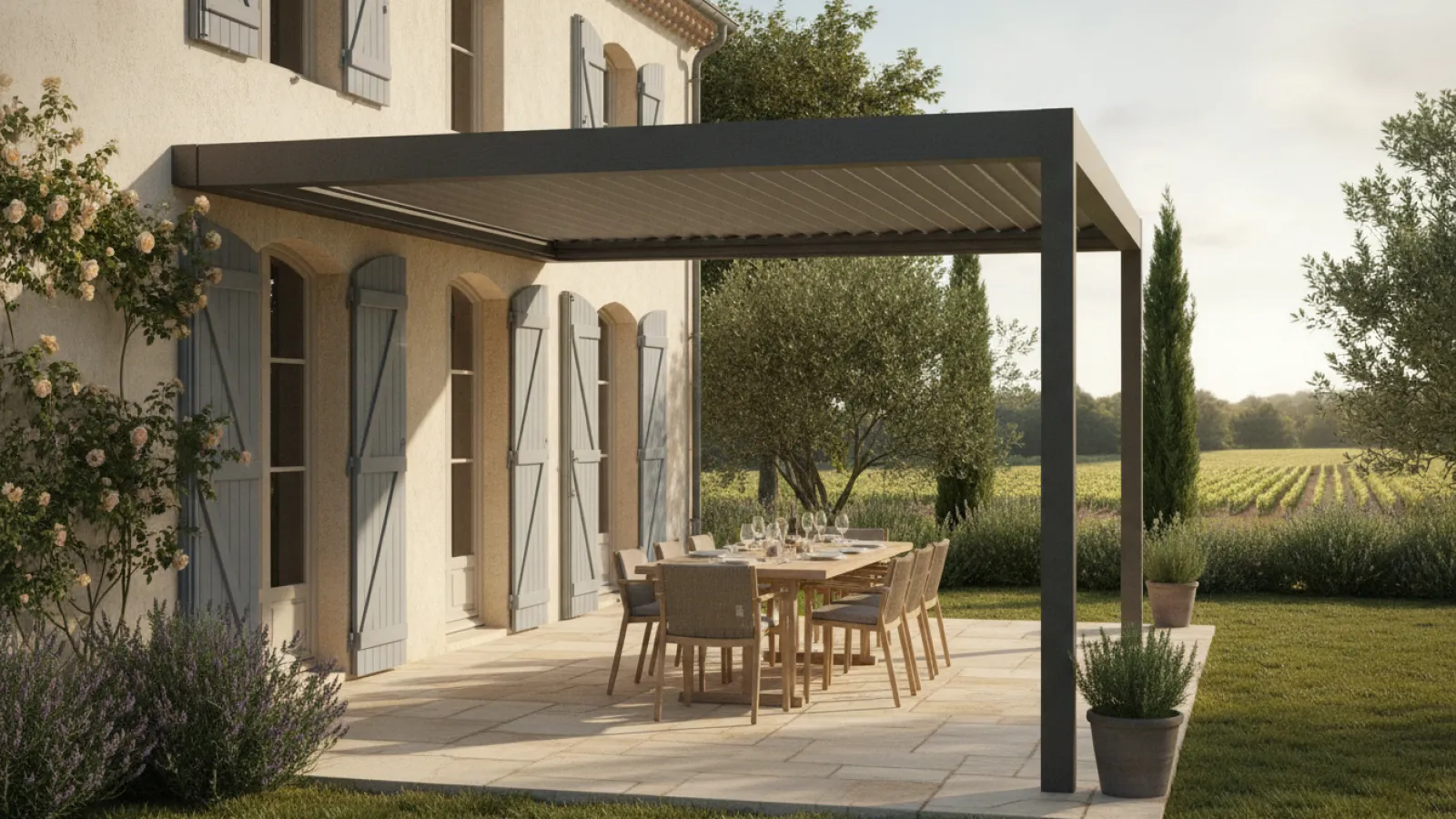Pergola bioclimatique en aluminium adossée à une maison sur terrasse