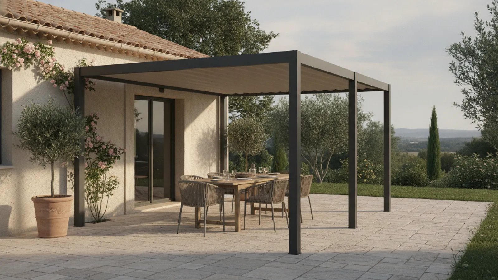 Pergola en aluminium posée sur la terrasse d'une maison avec toile rétractable