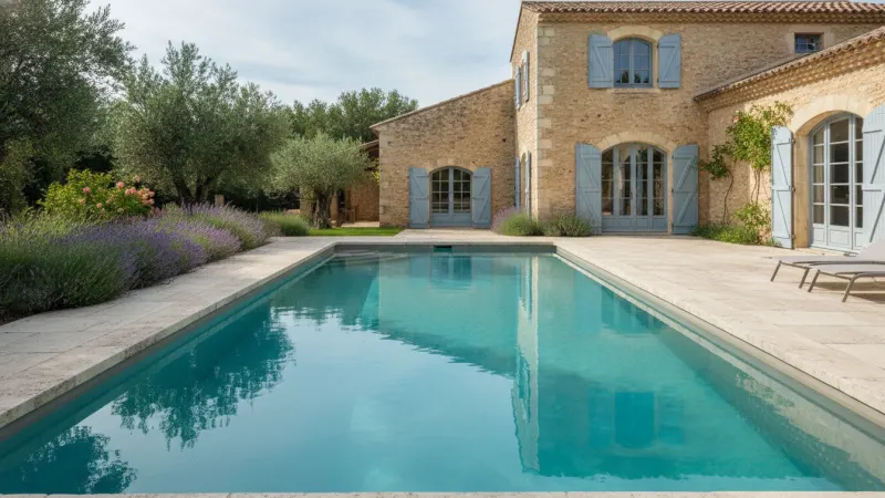 Piscine en dur rectangulaire avec margelles en pierre devant une maison