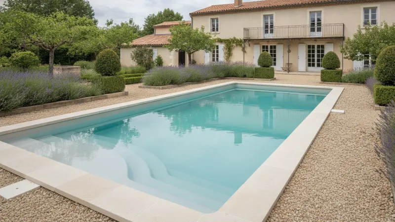 Piscine polyester avec escalier intégré dans un jardin près d'une maison