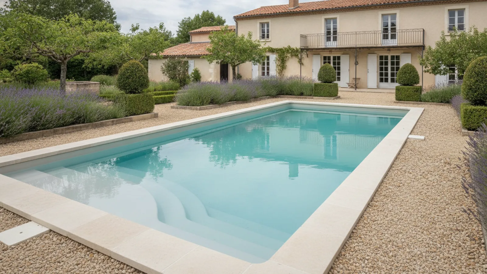 Piscine polyester avec escalier intégré dans un jardin près d'une maison