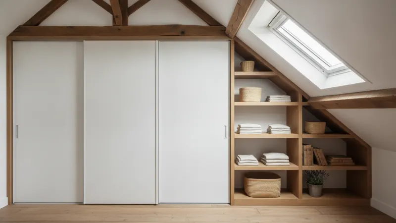 Placard sur mesure blanc intégré sous la pente d'un toit