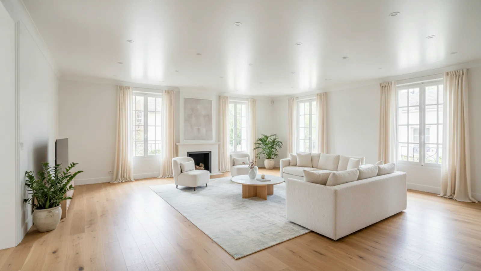 Plafond tendu blanc satiné avec spots LED dans un salon