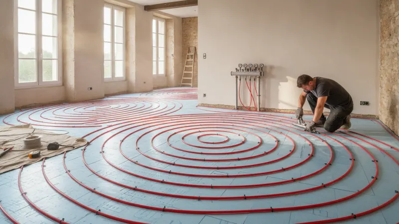 Tubes de plancher chauffant posés sur isolant avant la chape