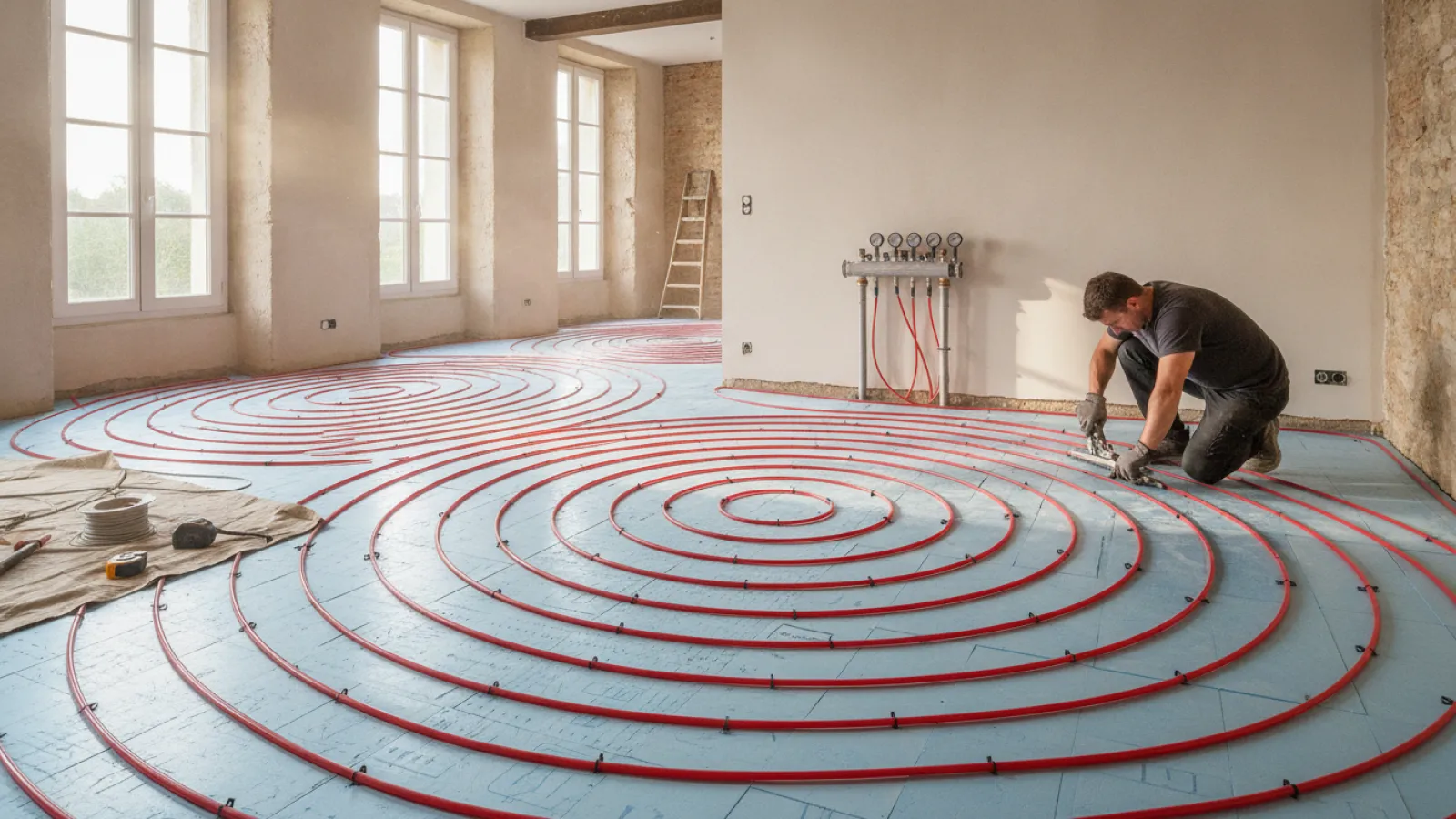 Tubes de plancher chauffant posés sur isolant avant la chape