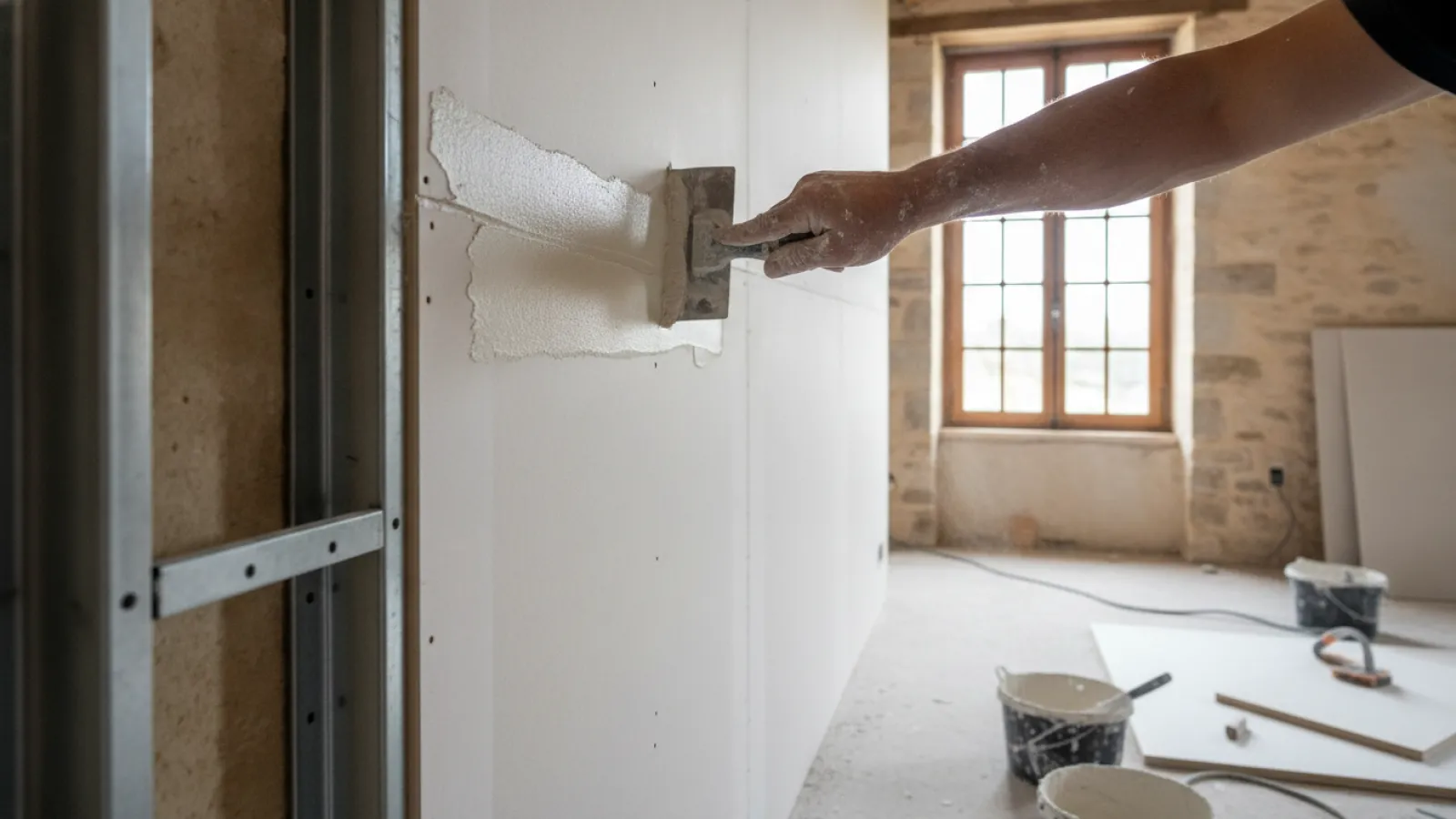 Plaquiste réalisant les joints sur une cloison en plaque de plâtre neuve