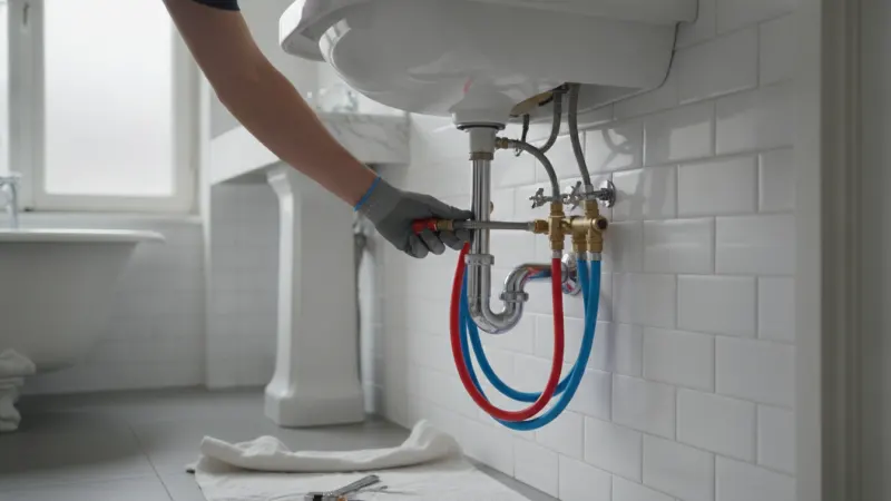 Mains d'un plombier raccordant des tuyaux neufs lors d'une rénovation de plomberie