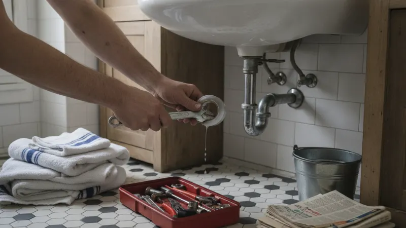 Plombier en urgence réparant une fuite d'eau sous un lavabo