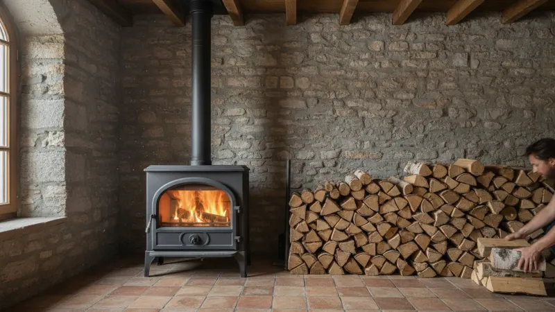 Poêle à bois en fonte allumé dans le séjour d'une maison