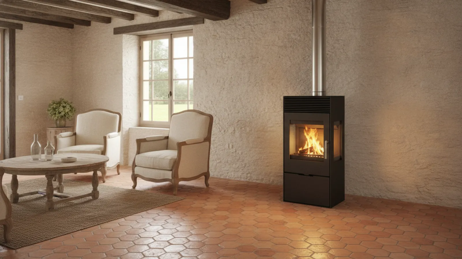 Poêle à granulés allumé dans le séjour d'une maison en pierre