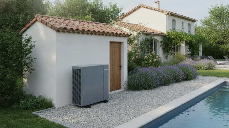 Pompe à chaleur piscine installée près du local technique d'une piscine enterrée