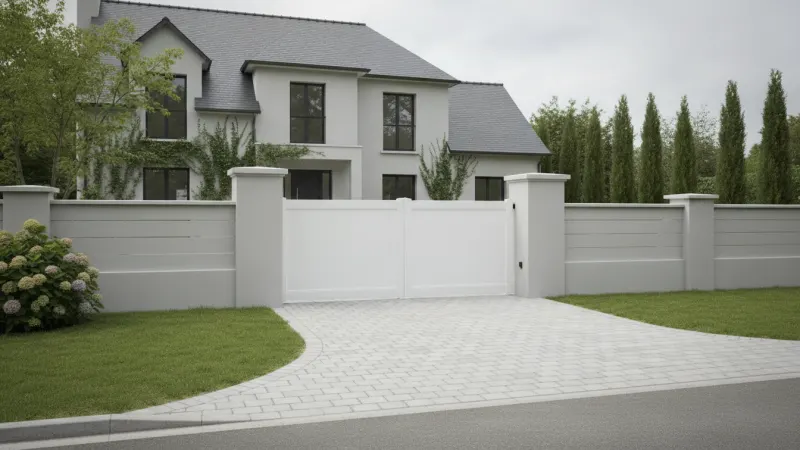 Portail PVC blanc battant posé à l'entrée d'une maison individuelle