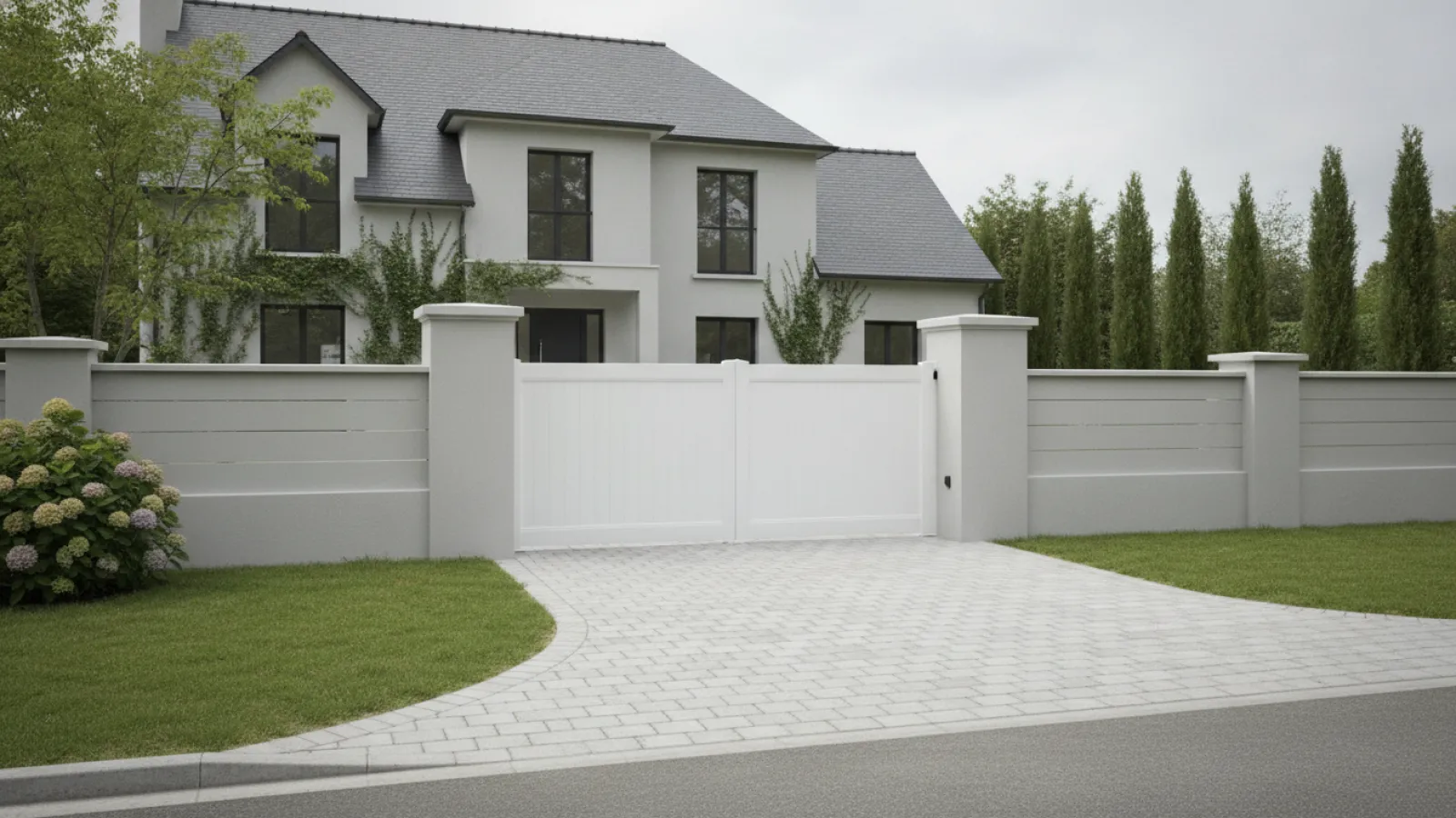 Portail PVC blanc battant posé à l'entrée d'une maison individuelle