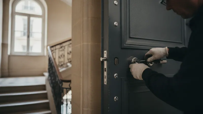 Serrurier réglant la serrure multipoint d'une porte blindée d'appartement