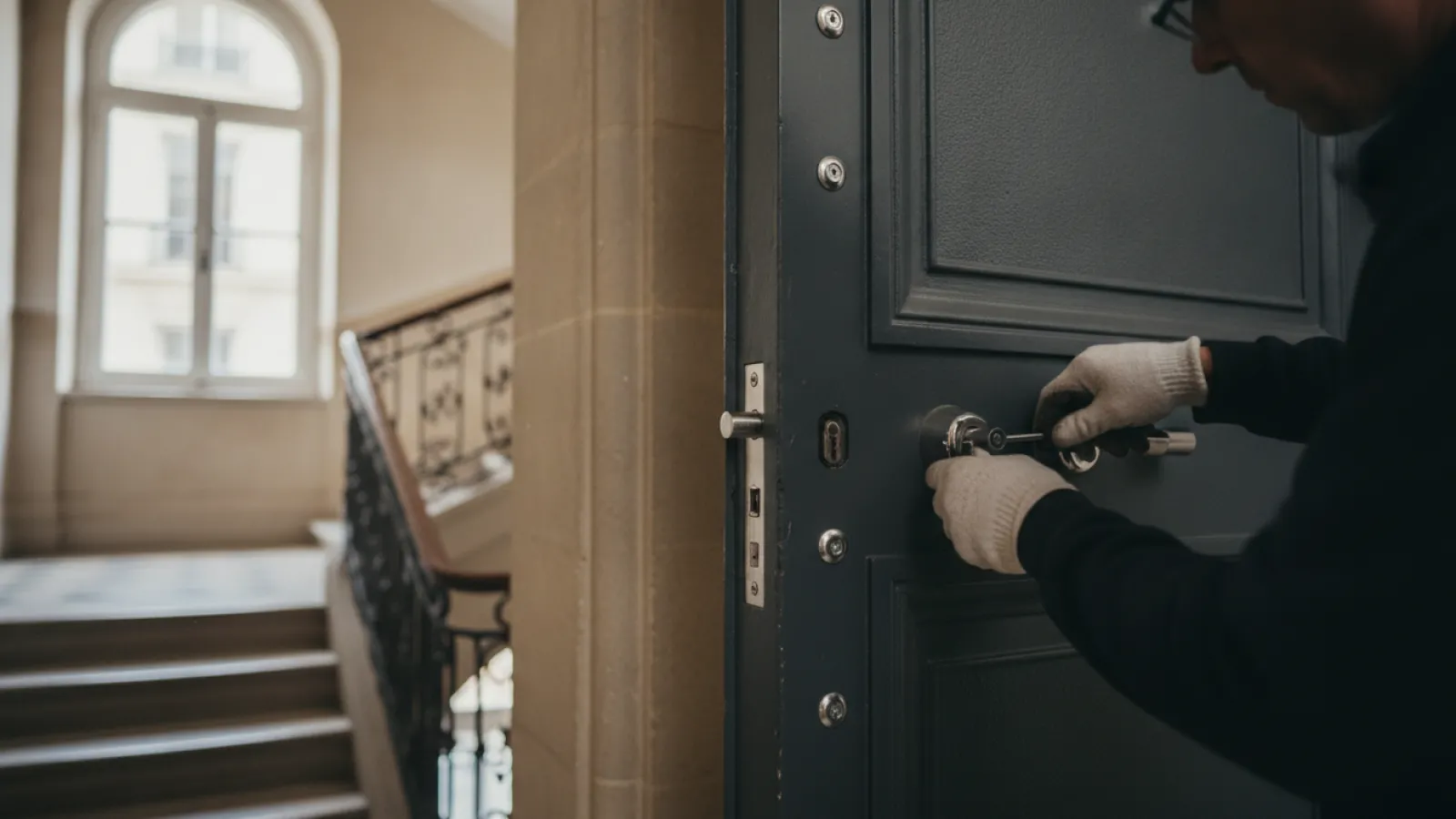 Serrurier réglant la serrure multipoint d'une porte blindée d'appartement