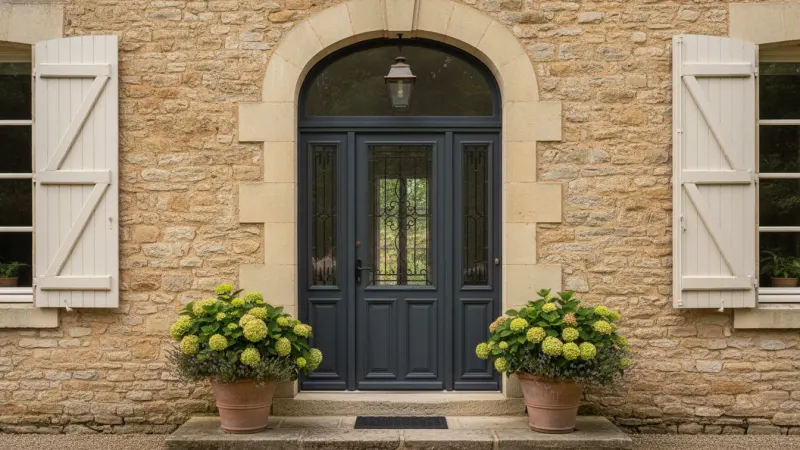 Porte d'entrée grise vitrée posée sur une maison en pierre avec volets