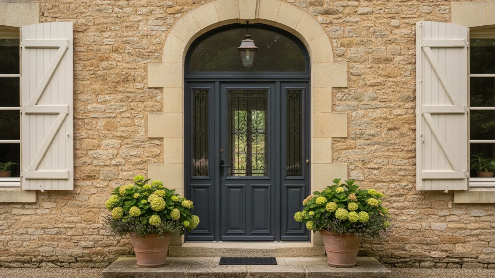 Porte d'entrée grise vitrée posée sur une maison en pierre avec volets