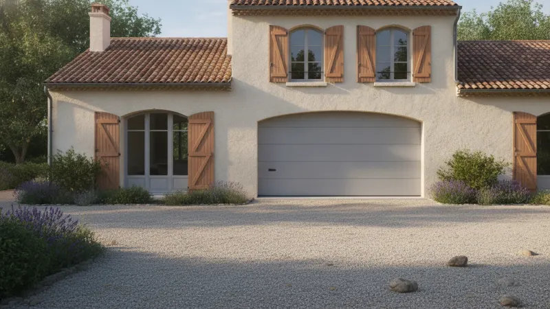 Porte de garage sectionnelle grise posée sur une maison à l'enduit clair