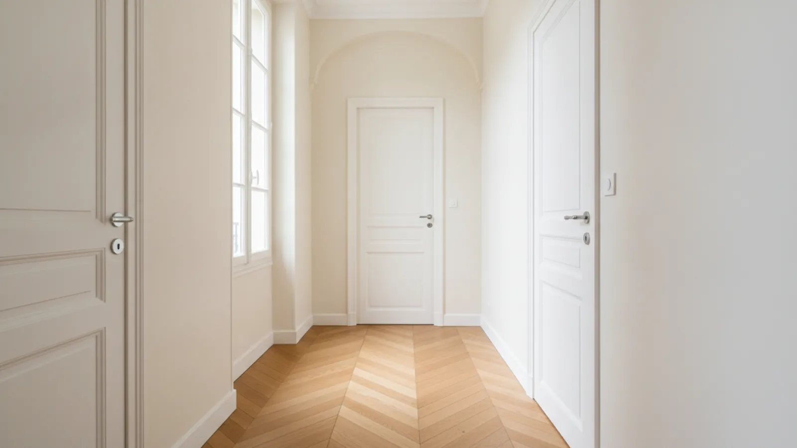 Couloir lumineux avec portes intérieures blanches neuves et parquet en chêne